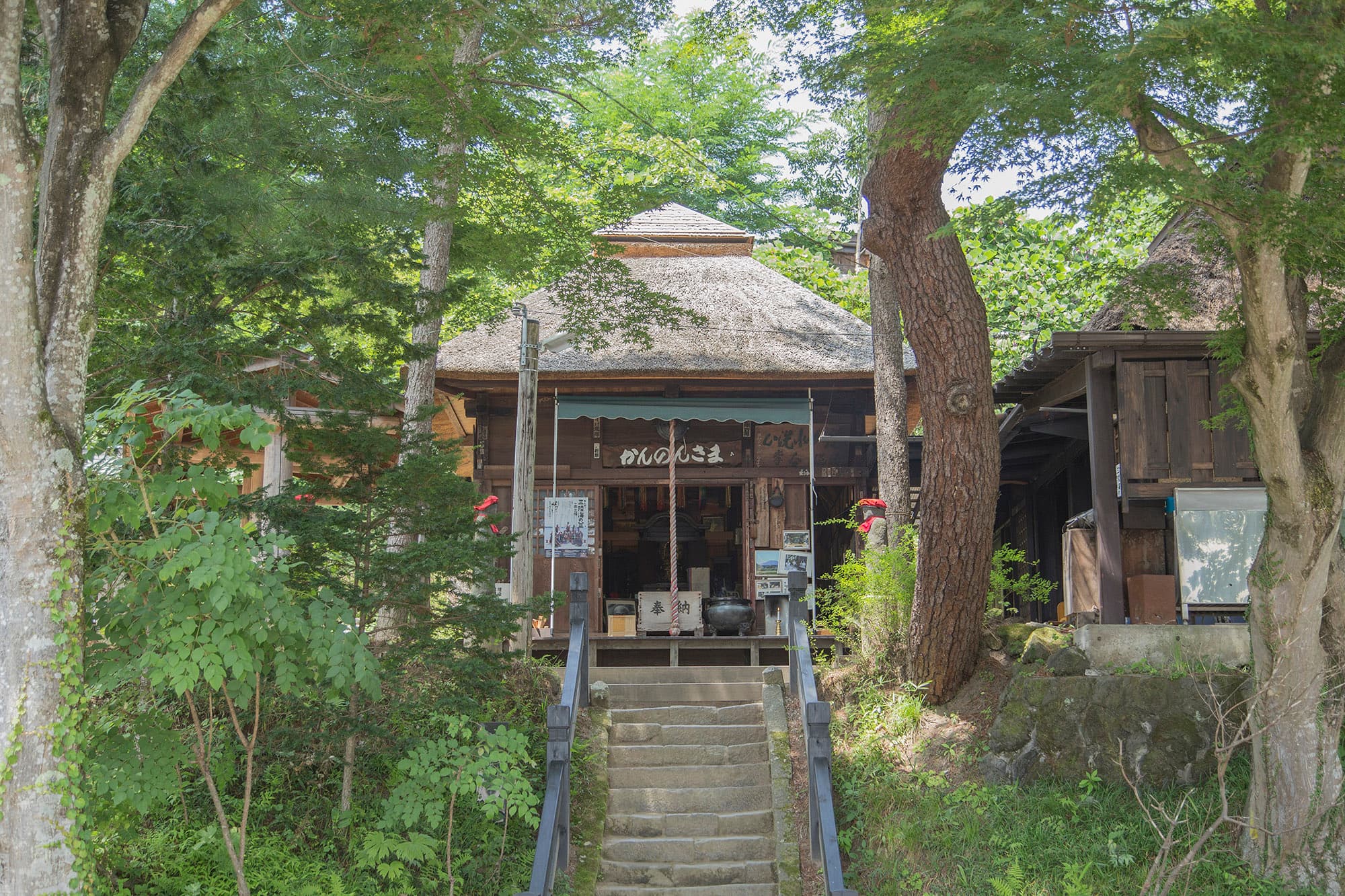 木々に囲まれた茅葺き屋根の建物